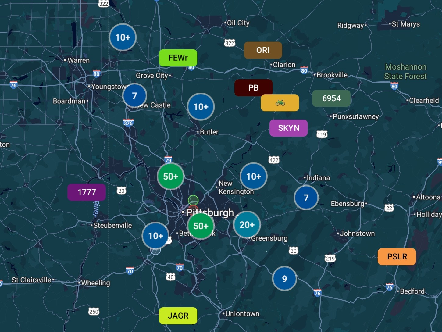 Map of Pittsburgh showing the location of nodes in the mesh.